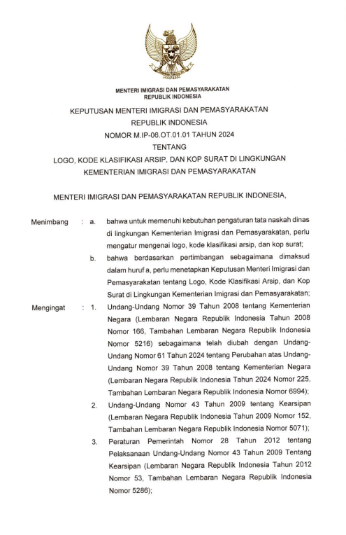Keputusan Menteri Imigrasi dan Pemasyarakatan Nomor M.IP-06.OT.01.01 Tahun 2024 tentang Logo, Kode Klasifikasi Arsip, dan Kop Surat di Lingkungan Kementerian Imigrasi dan Pemasyarakatan
